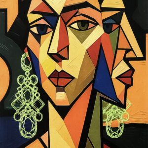 Abstract mixed media painting depicting layered human figures, expressive brushstrokes and textured surfaces exploring inner identity and alter ego. 추상적 인물 형상이 겹쳐진 혼합매체 회화, 강렬한 색면과 거친 질감으로 내면의 또 다른 자아를 표현한 현대미술 작품.