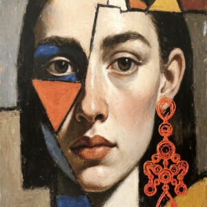 Abstract mixed media artwork showing a dissolving female silhouette integrated into layered surfaces and subdued color tones. 차분한 색조와 중첩된 표면 속으로 스며들 듯 해체되는 여성 실루엣의 추상 혼합 매체 작품.